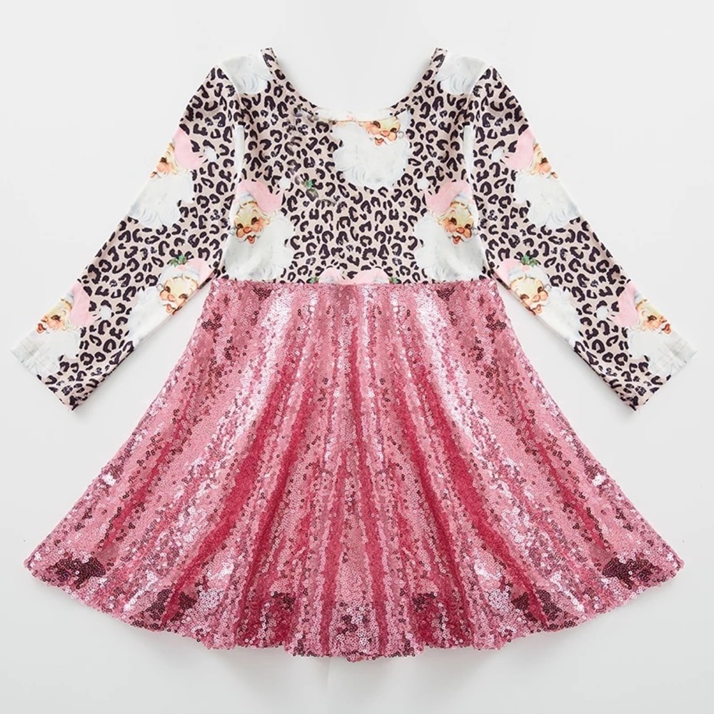Santa Pink Leopard Sequin Christmas Dress, Toddler, 2T 3T 5T